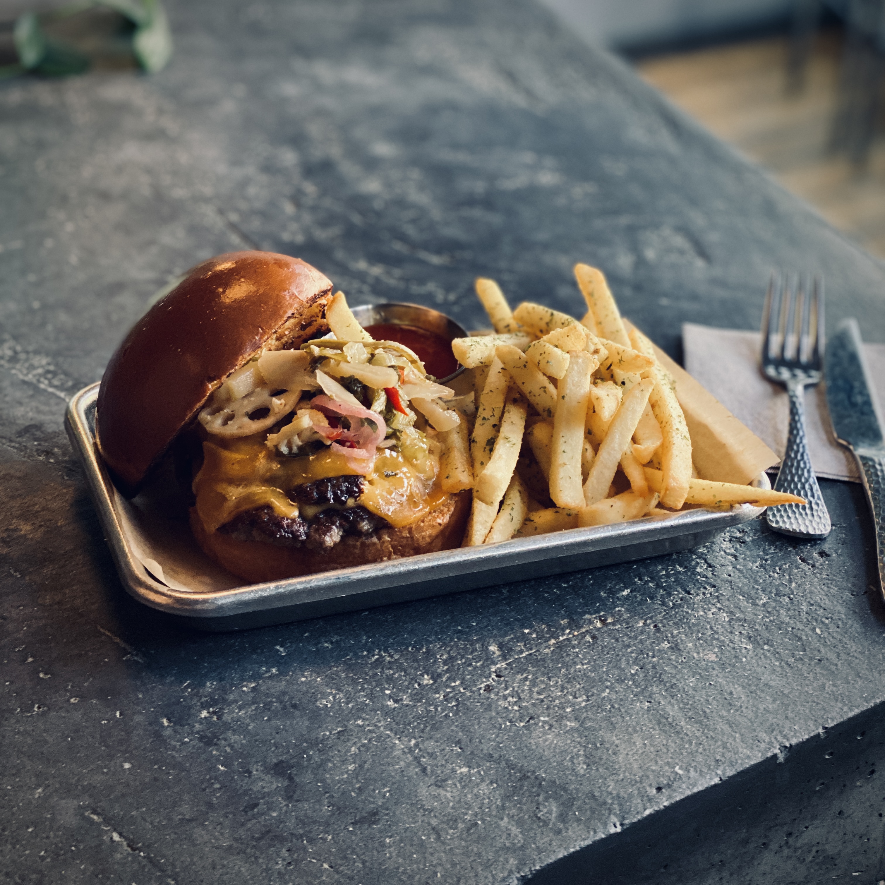 smashed burger and fries